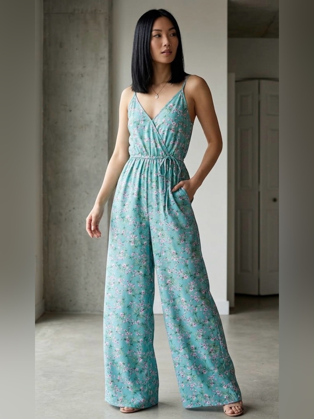 Floral Surplice Wide-Leg Jumpsuit in Mint